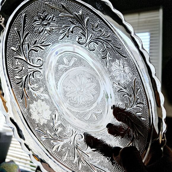 Vtg Glass Oval Serving Bowl USA Floral Dish Anchor Hocking Tiara Clear Sandwich - Picture 4 of 11